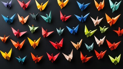 Obraz premium Top-down view of colorful origami paper cranes arranged in a pattern, vibrant colors, black background, Japanese art, creativity and patience, folding skill