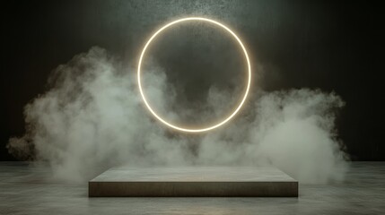 futuristic smoke stage background featuring a glowing neon ring around the platform, perfect for showcasing a product with an edgy feel, 3D illustration