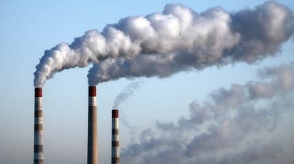 Rows of factory chimneys belching smoke into the air, forming a grey haze over the area, a stark representation of pollution and environmental harm.