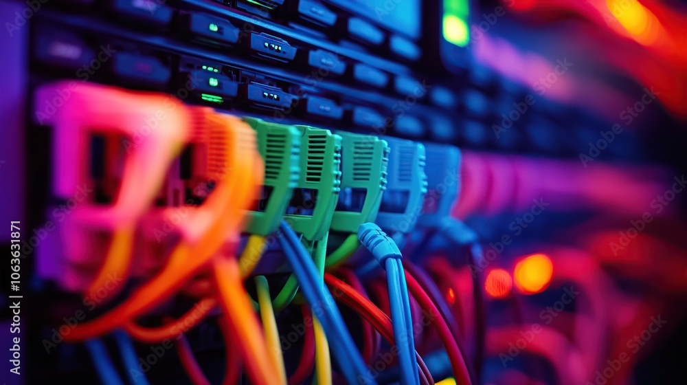 Poster colorful data cables and network wires in a server room with a black background