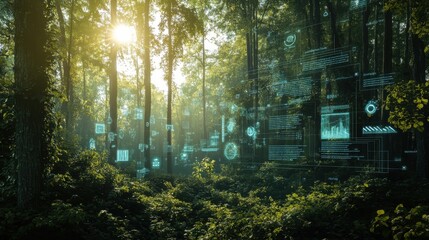 Fototapeta premium Forest landscape combined with transparent tech icons, showcasing innovations in achieving net zero carbon goals. 