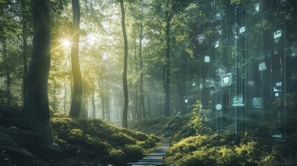 Obraz premium Forest landscape combined with transparent tech icons, showcasing innovations in achieving net zero carbon goals. 