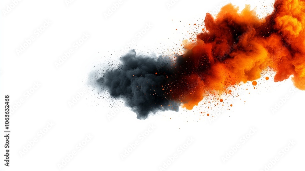 Poster fiery collision: abstract art of black and orange powder explosion. dynamic contrast and vibrant hue