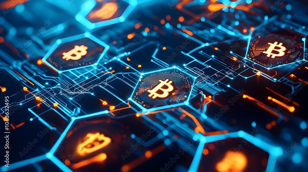 Poster glowing digital currency transaction happening in real time with blockchain technology