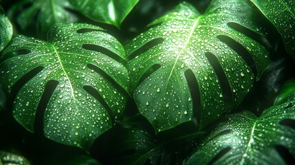 Fototapeta premium macro close-up of green monstera leaves with water droplets vibrant greens and glossy textures light and shadow interplay for depth and a lush tropical vibe, photorealistic
