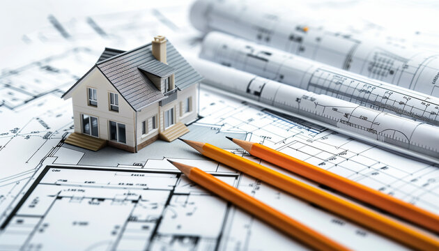 Plan d'architecte et maquette d'une maison pour la cr&eacute;ation et la construction d'une maison individuelle