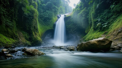 Fototapeta premium Imagine photographing a waterfall with motion blur, where the rushing water appears smooth and silky against the sharp rocks, creating a sense of calm and power.