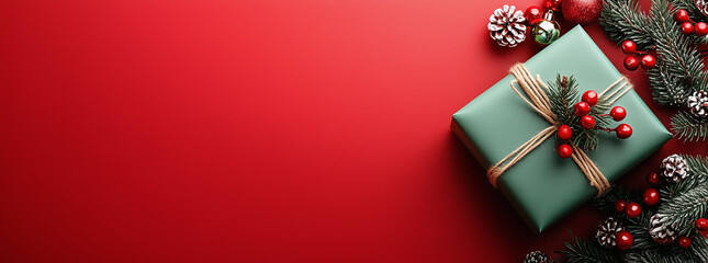 Decorated with classic Christmas colors like green paper on a red background that symbolizes the joy and warmth of a Christmas gift. Space for text, Christmas banners, or header design elements