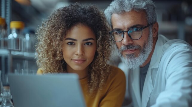 A young woman and an older man in lab coats look at a laptop computer in a lab.