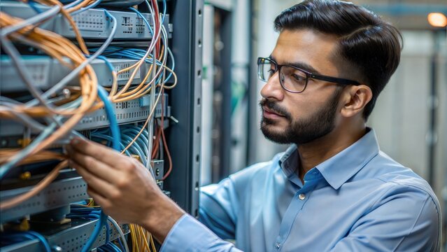 An Indian network engineer examining server racks and wiring in a data center environment.
