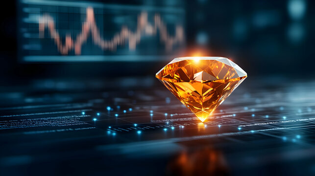 An exquisite orange diamond glistening on a digital interface, symbolizing wealth and investment opportunity.