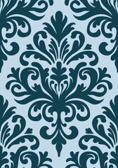 Fototapeta premium Light blue and navy damask pattern with ornate floral motifs. Damask seamless pattern.