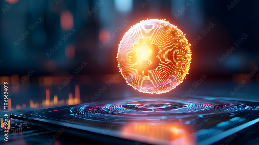 Poster a glowing bitcoin symbol hovering above a digital interface, representing cryptocurrency innovation.