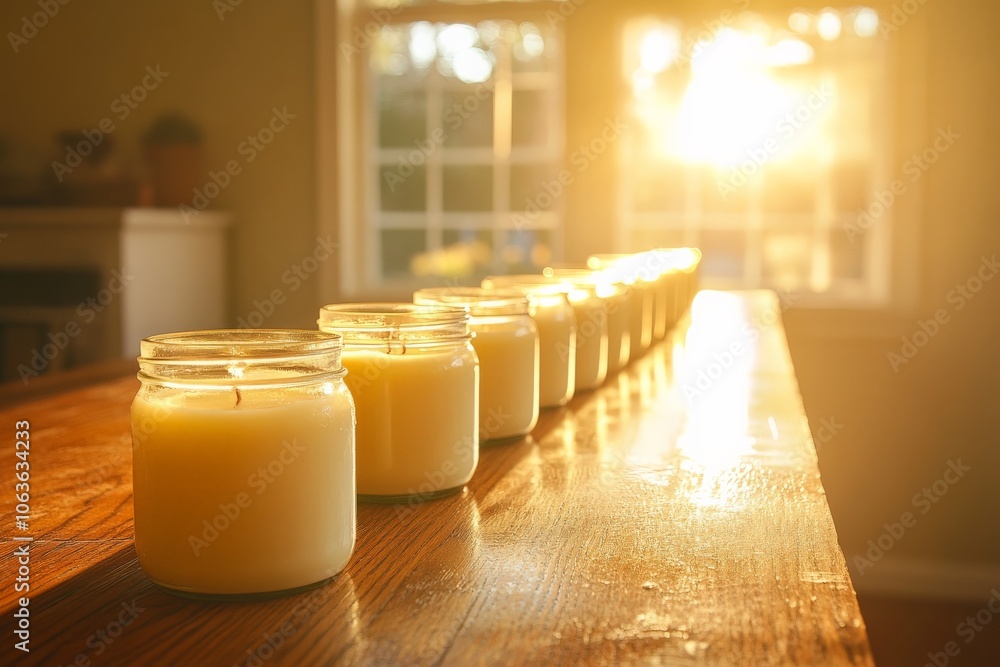 Poster a collection of lit candles in glass jars neatly aligned on a wooden table, basking in the warm glow