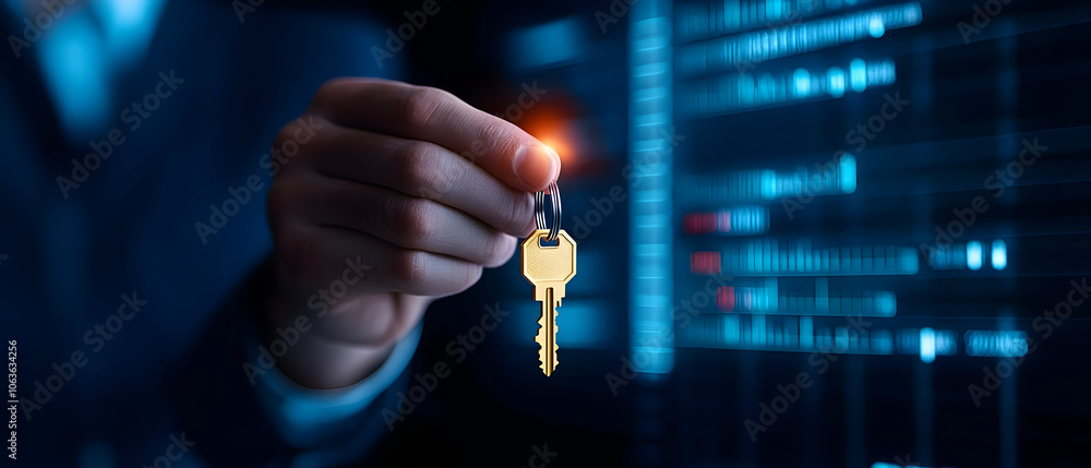 Poster a hand holding a golden key, symbolizing security and access in a technology-driven world.