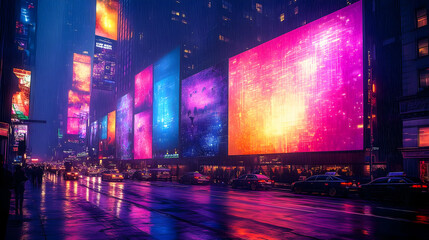 Rainy Night Cityscape with Neon Signs Illustration