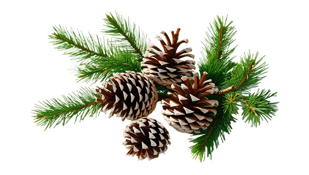 Pine cones and green pine branches arranged together, isolated on a white background.
