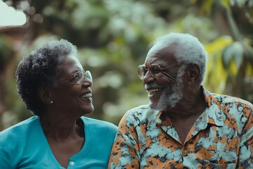 an old black couple laughing at each other