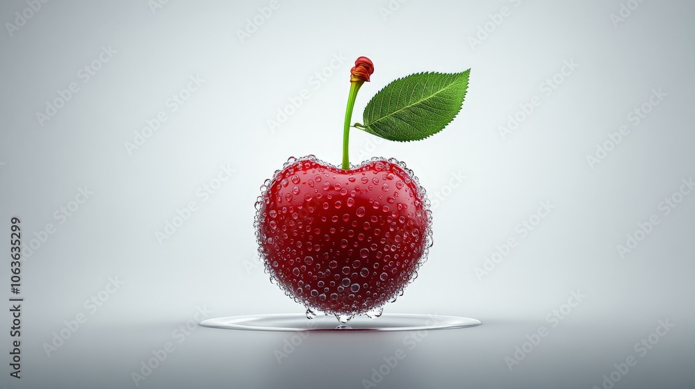 Poster sparkling cherry: a captivating image of a single, vibrant red cherry, seemingly emerging from water
