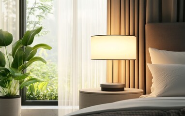 Fototapeta premium A serene bedroom scene featuring a bedside lamp and a view of greenery through a window.