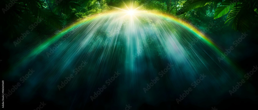 Poster a vibrant interplay of light and color in a lush forest, creating a serene and mystical atmosphere.