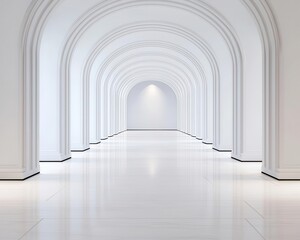 Obraz premium Arched hallway with classic wainscoting, soft lighting, polished floors, modern classic transition