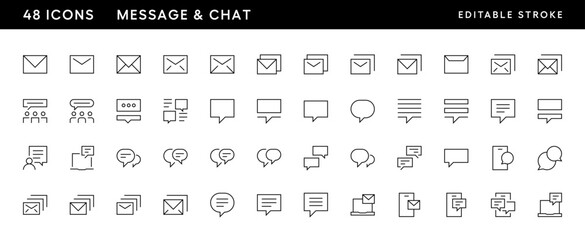 Message and chat icon collection. Conversation, speech, dialogue, discussion, talk, message, comment and more. Editable stroke. Pixel Perfect. Grid base 32px.