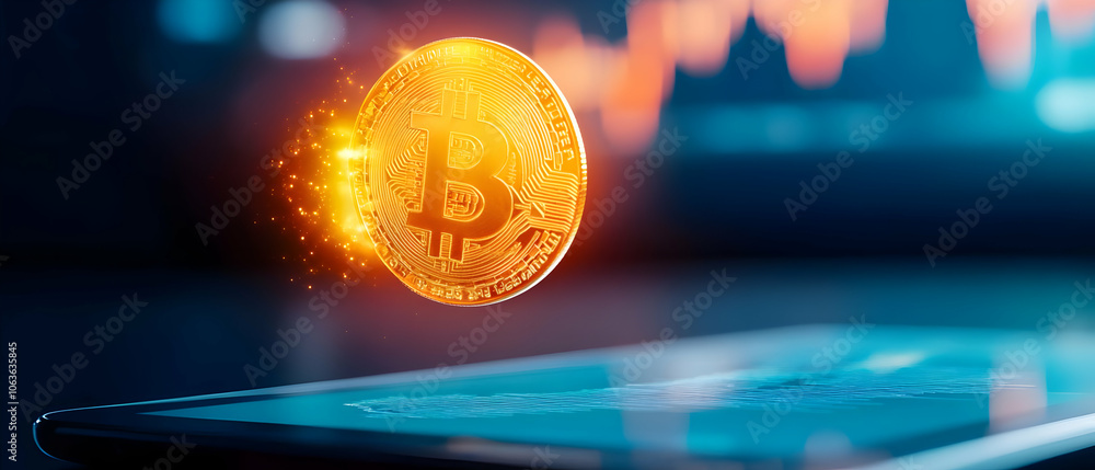 Poster bitcoin coin floating above a smartphone screen with digital graphs in the background, showcasing cr