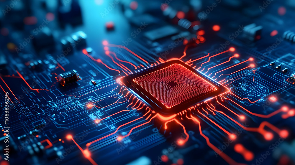 Poster close-up of a circuit board with glowing microchip, showcasing intricate electronic connections.