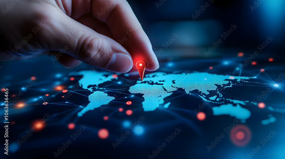 Poster close-up of a hand placing a red pin on a digital world map, symbolizing location and connectivity.