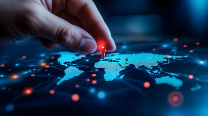 Fototapeta premium Close-up of a hand placing a red pin on a digital world map, symbolizing location and connectivity.