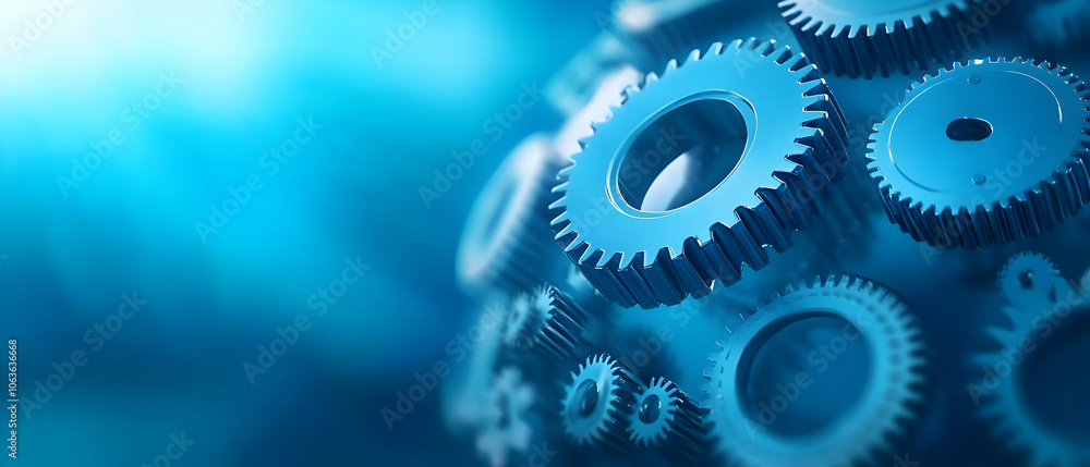 Poster close-up view of intricate blue gears with a soft focus background, ideal for technology and enginee