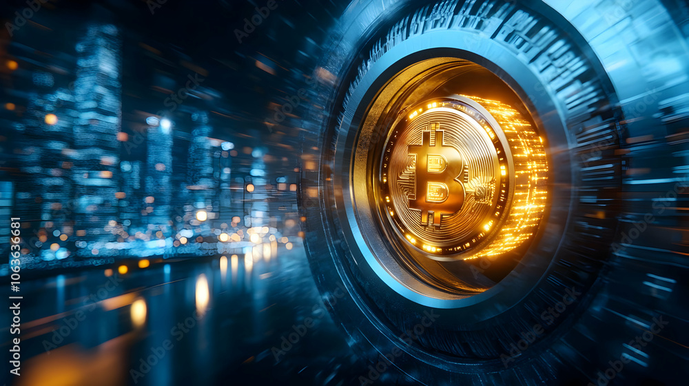 Poster close-up view of a digital coin with a futuristic city background, showcasing blockchain and cryptoc