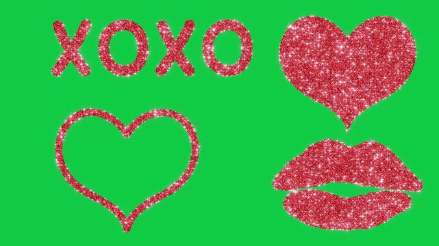 kiss heart xoxo with glittering shiny stars, valentines day and love elements loop animation on green background, wedding and romantic isolated motion design element