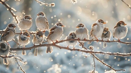 A group of sparrows perched on a snow-covered branch, surrounded by a soft winter glow. The scene captures a peaceful moment of nature in the cold season with the birds huddled together