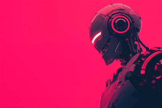 Menacing robot with glowing eyes on a neon pink background