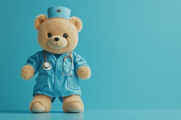 Stethoscope and white teddy bear on light blue table background. Pastel color. Doctor tool. People...