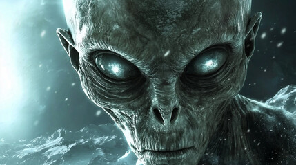 A close-up captures a grey alien with wrinkled skin, glaring intensely