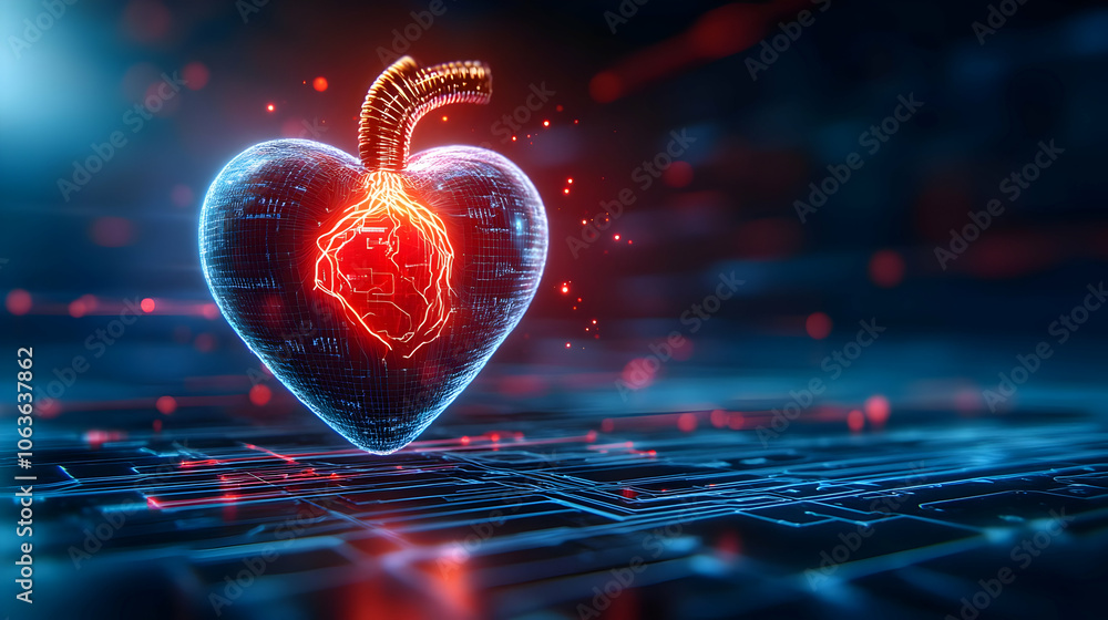 Poster digital heart glowing with data streams, representing love and technology connection.