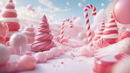 Candy land with oversized cupcakes and lollipops, creating an enchanting scene for Christmas, rendered in the soft pastel tones of pink and white, perfect as a background wallpaper or screensaver.