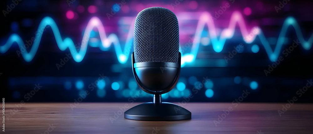Poster dynamic microphone on a wooden surface with colorful sound wave background.