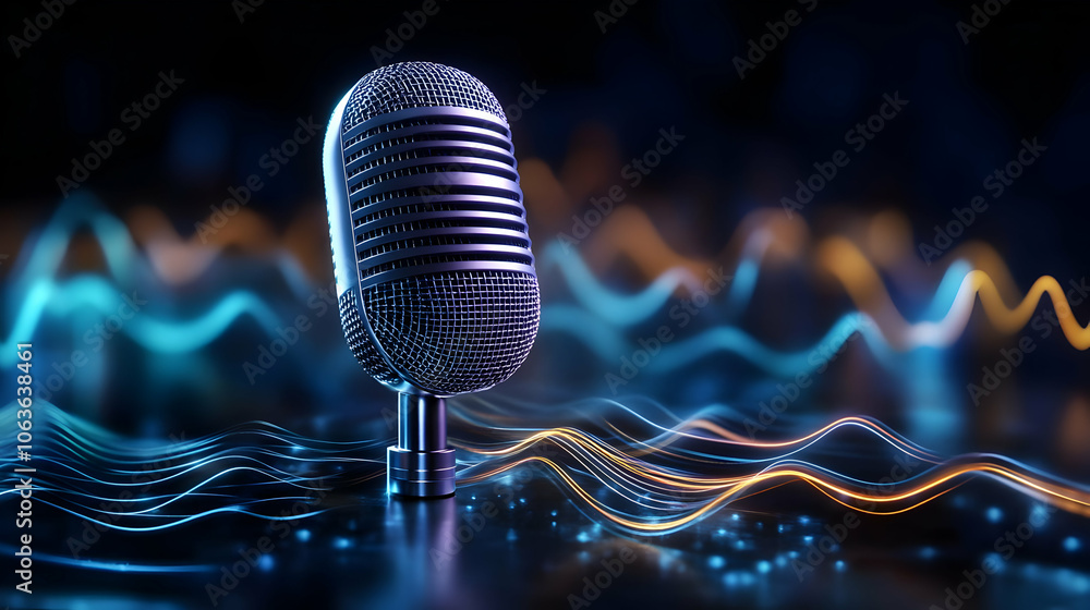 Poster dynamic microphone with vibrant sound waves on dark background.
