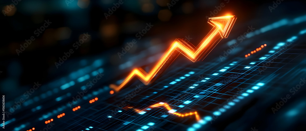 Poster dynamic upward trend graph with glowing orange arrows on a data background.