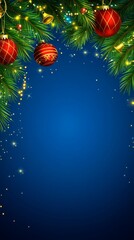 A festive background featuring Christmas ornaments and pine branches on a blue backdrop.