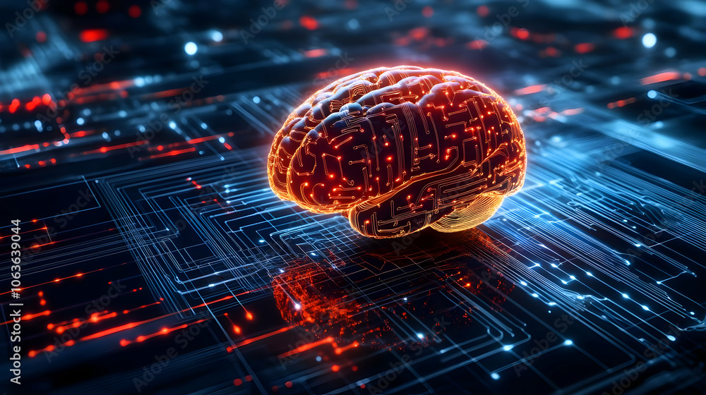 Poster futuristic brain design with glowing circuits on digital background, symbolizing artificial intellig