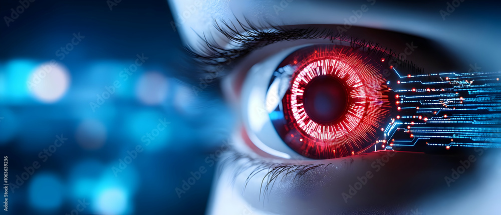 Poster futuristic eye with digital circuits, representing advanced technology and artificial intelligence.