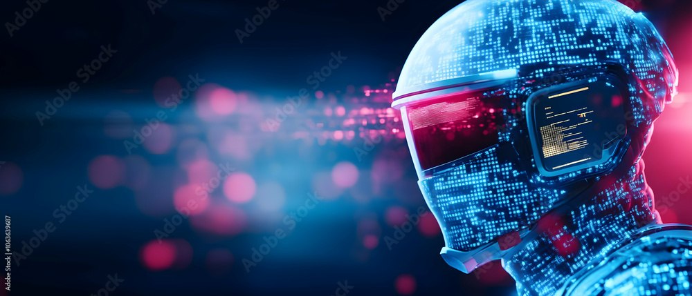 Poster futuristic robotic figure with digital effects, glowing elements in a vibrant blue and red color sch