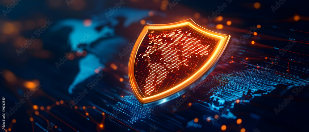 Poster futuristic shield design with glowing elements, representing cybersecurity and digital protection.