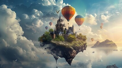 Floating Castle Island with Hot Air Balloons in Cloudy Ethereal Landscape