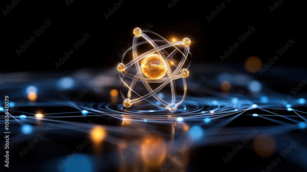 Poster 3d atomic structure with glowing particles and interconnected lines, representing scientific concept